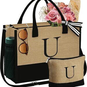 Initial Jute Tote Bag & Makeup Bag, Birthday Gifts for Women Her Mom Teacher